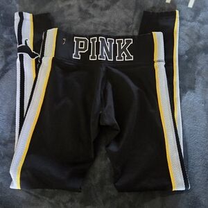 PINK Victoria's Secret Black Leggings with Yellow & White Side Stripes